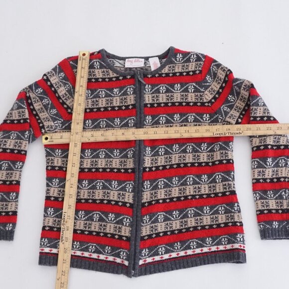 Vintage Liz Claiborne Grey Knit 10% Wool w Red Design Zip Up Cardigan Sweater S - Picture 4 of 10